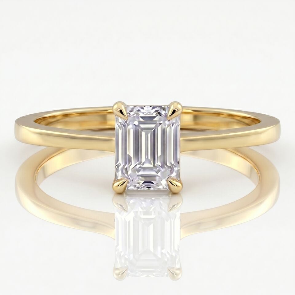 0.80 Carat E VS Lab Diamond Emerald Solitaire Yellow Gold Ring