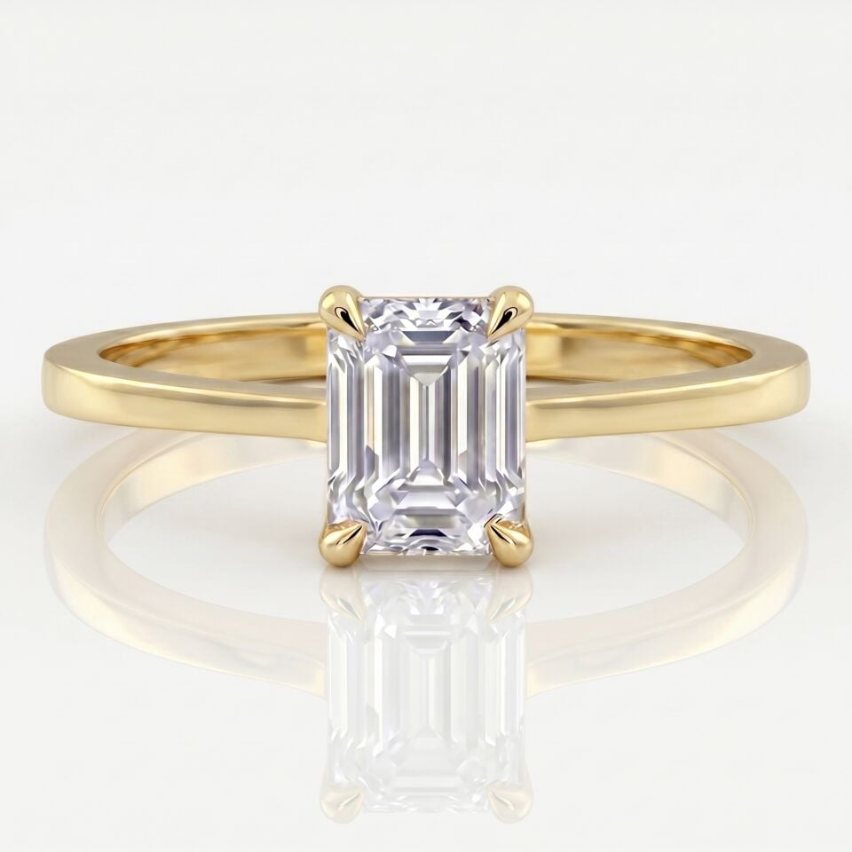 0.90 Carat D VS Lab Diamond Emerald Solitaire Yellow Gold Ring